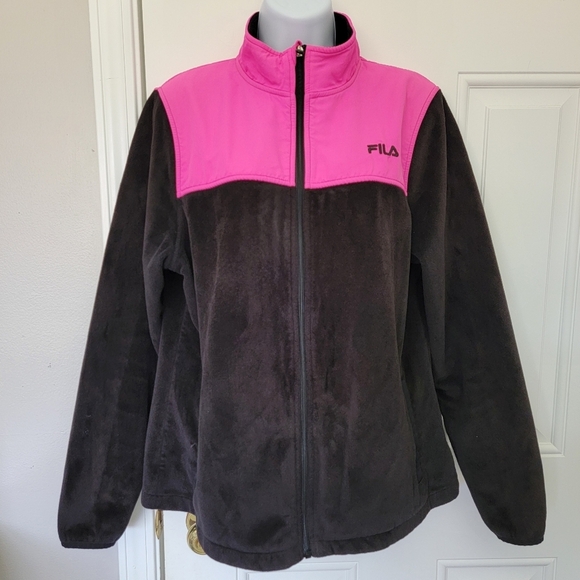 FILA Women's Full Zip Fleece Jacket Hot Pink Black Pockets Logo Athlesiure Large - Picture 1 of 11